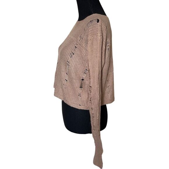 C’est Toi Womens Crop Top Light Brown Tan Open Knit Round Neck Long Sleeve Sweat - Picture 3 of 5